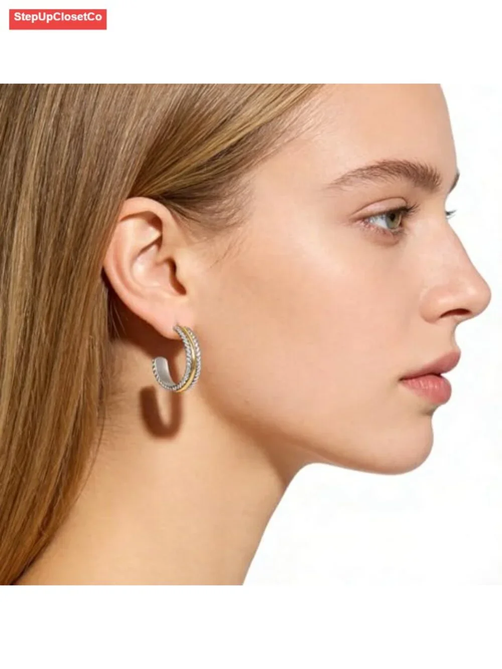 Two Tone Hoop Earrings for Women - Gold and Silver Plated Twisted Open C Hoops
